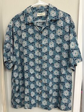 Vintage Caribbean silk blend Blue Patterned Short-Sleeve button down Shirt, XL